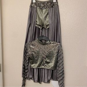 Glamour solo dance costume custom silver gray 2 piece maxi skirt crop top XLC